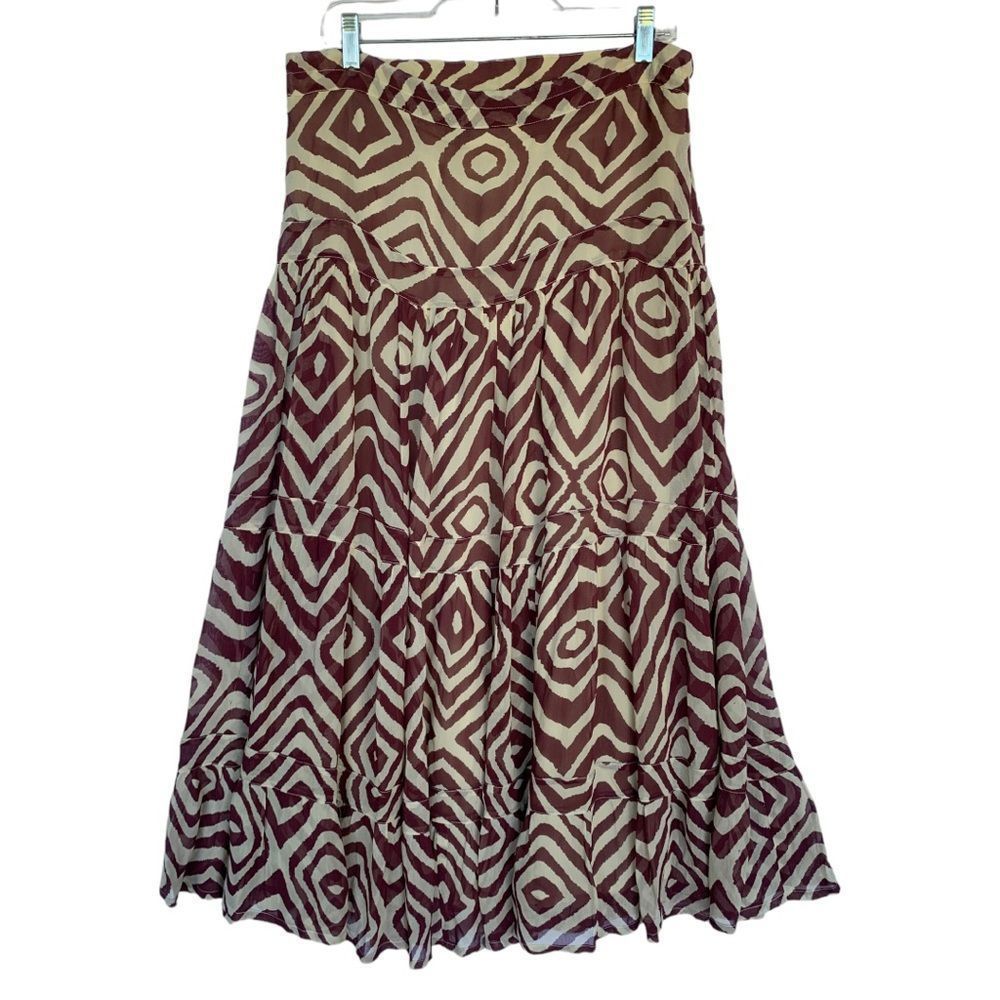 Soft Surroundings Grown Cream Maxi Geometric Print Tiered Skirt Small Festival